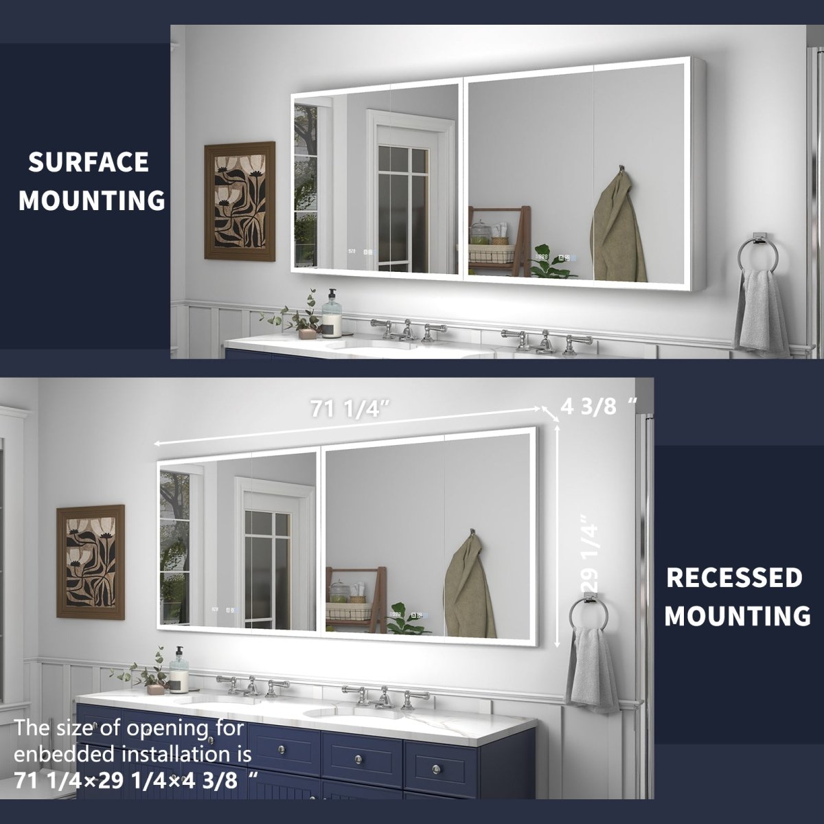Rim medicine cabinet interior with outlets, glass shelves and mirrored storage