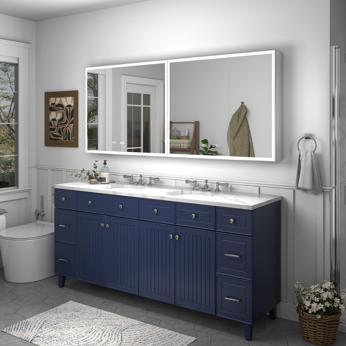 Rim 72 x 30 inch LED medicine cabinet dimensions and cabinet width layout