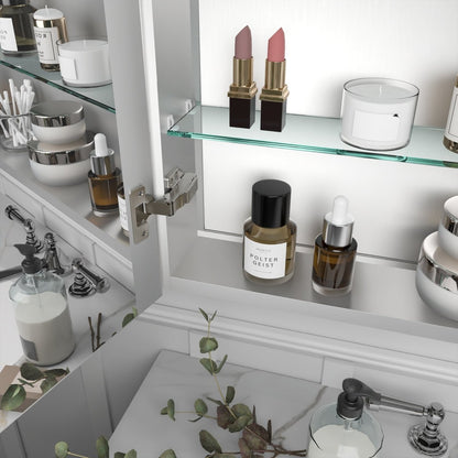 Rim medicine cabinet with open mirrored doors and adjustable shelf storage