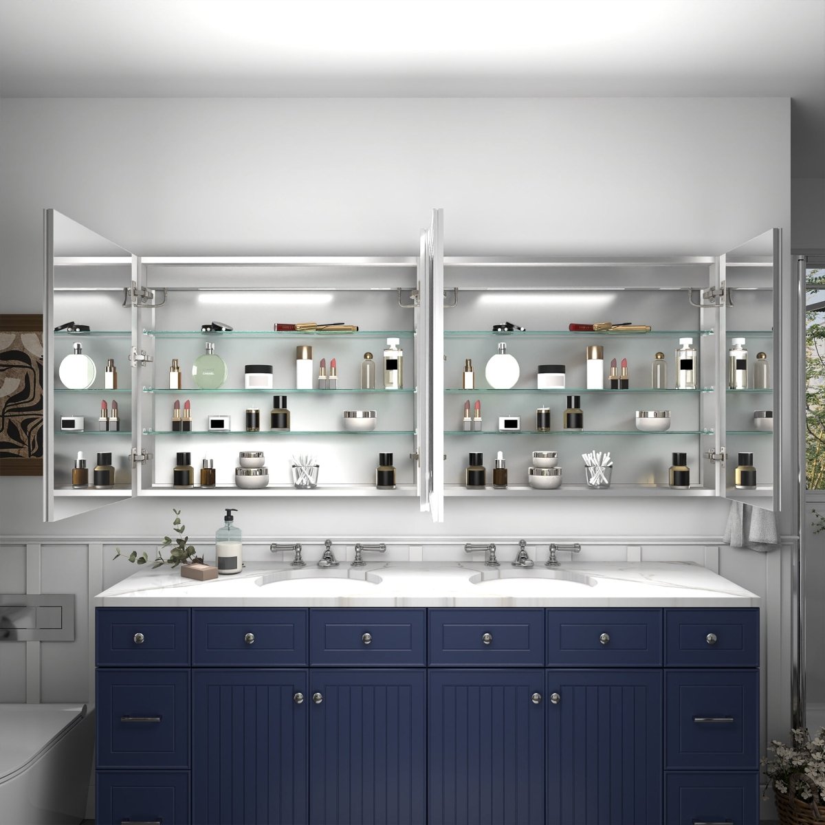 Rim 72 x 30 inch medicine cabinet with open mirrored doors and interior storage
