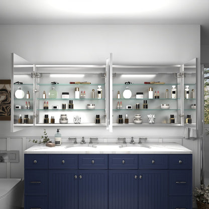 Rim 72 x 30 inch medicine cabinet with open mirrored doors and interior storage