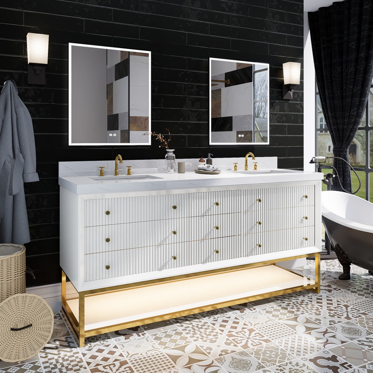 Brillare-W 72" LED Bath Vanity With Sink,Cultured Marble Top,White,Solid Oak Build,Soft-Close,8 in faucet holes