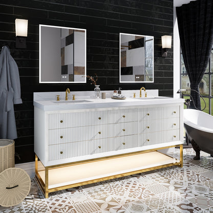 Brillare-W 72" LED Bath Vanity With Sink,Cultured Marble Top,White,Solid Oak Build,Soft-Close,8 in faucet holes