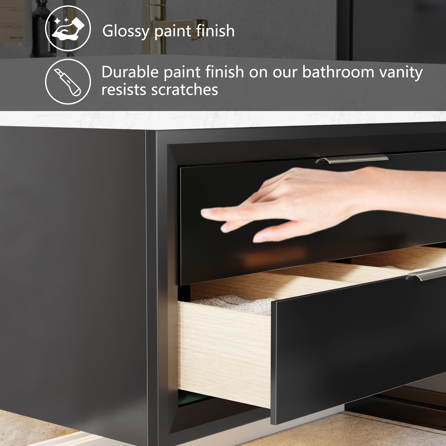 Glam 48 Inch Bathroom Vanity with Top - Modern Floating Black Rubberwood Cabinet with Lights and Stone Slab Countertop, Single Sink