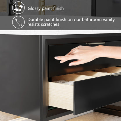 Glam 48 Inch Bathroom Vanity with Top - Modern Floating Black Rubberwood Cabinet with Lights and Stone Slab Countertop, Single Sink