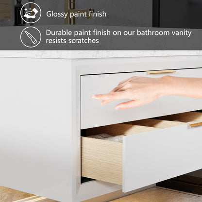 Glam 48" White Floating Bathroom Vanity with Lights and Stone Slab Countertop, Single Sink