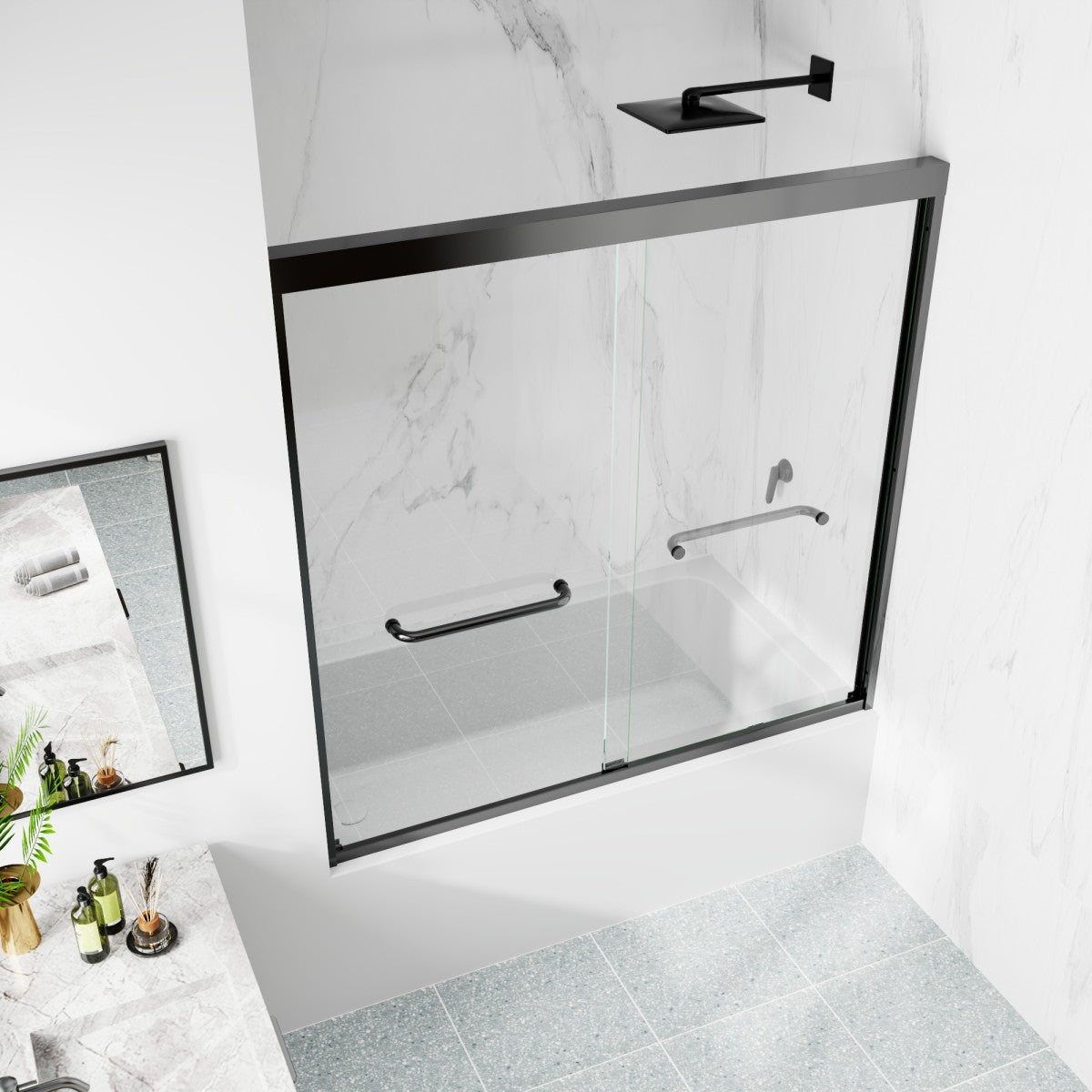 Glide-Bpro 58-60 in.Semi-Frameless Double Sliding Tub Door,Bypass Bathtub Shower Tempered Glass Door,Matte Black,Explosion-Proof Film