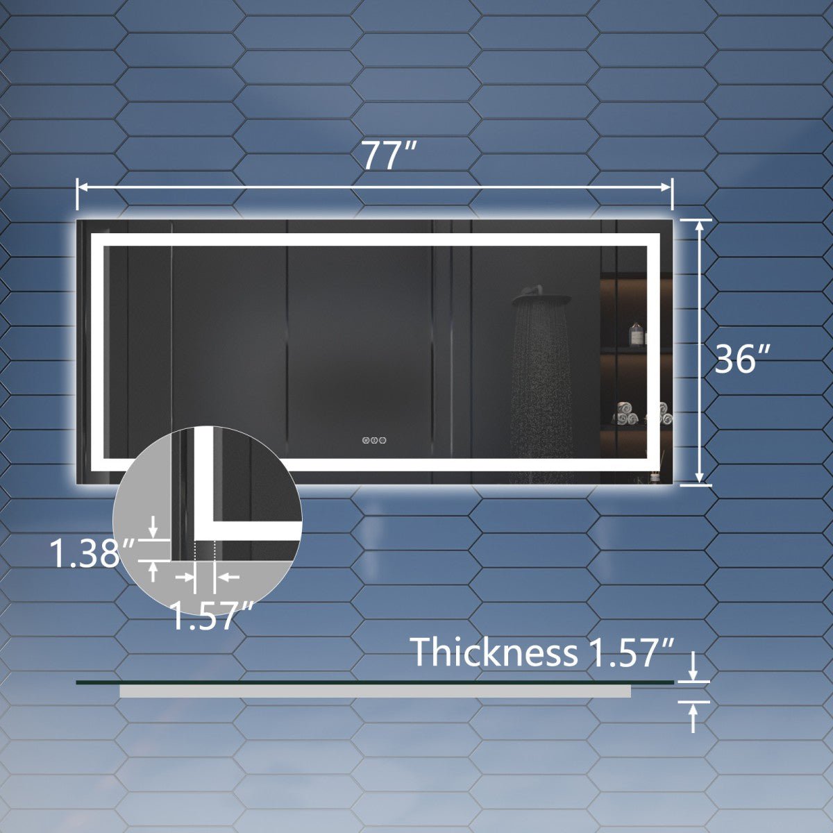 77" W x 36" H LED Heated Bathroom Mirror,Anti Fog,Dimmable,Dual Lighting Mode,Tempered Glass|Apex