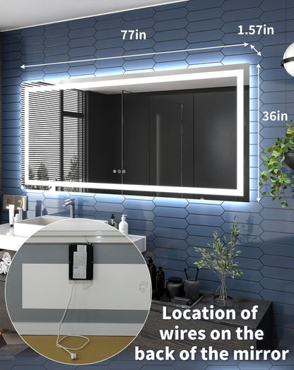 77" W x 36" H LED Heated Bathroom Mirror,Anti Fog,Dimmable,Dual Lighting Mode,Tempered Glass|Apex