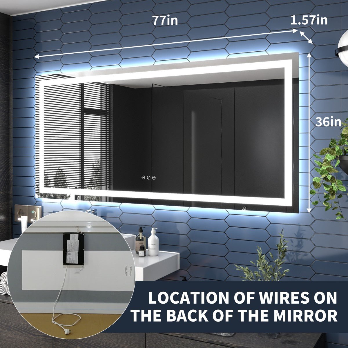 77" W x 36" H LED Heated Bathroom Mirror,Anti Fog,Dimmable,Dual Lighting Mode,Tempered Glass|Apex