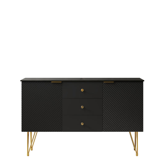 Exbrite 48" Freestanding Black Plywood Cabinet with 3 Drawers and 2 Doors, Black Sintered Stone Top, NO Basin, NO Faucet and Sink Cover|GEMA