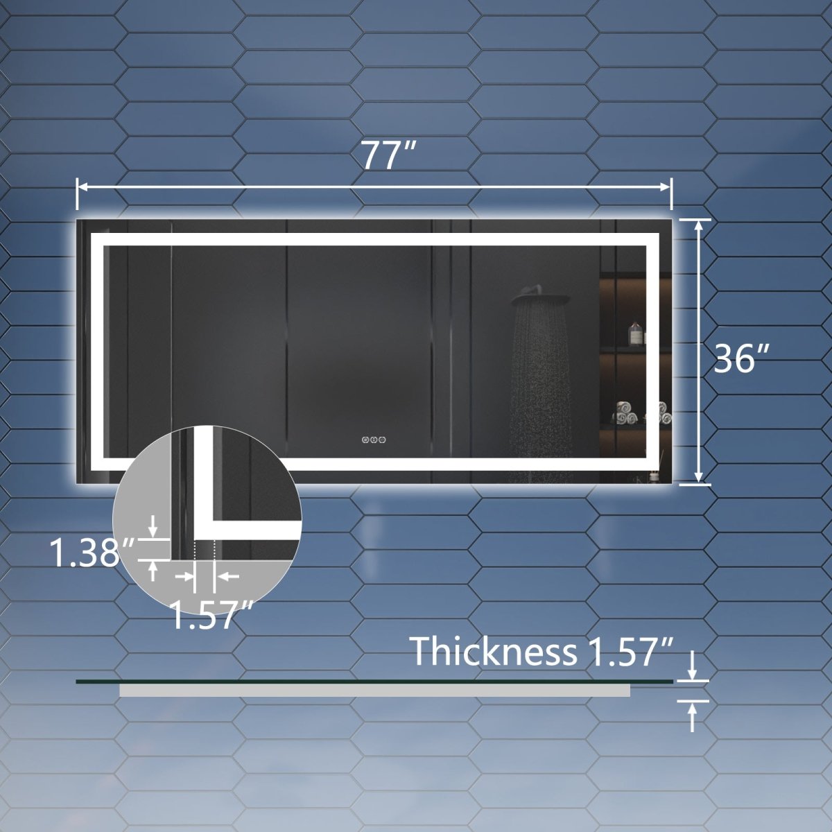 78" W x 36" H LED Bathroom Large Light Led Mirror,Anti Fog,Dimmable,Dual Lighting Mode,Tempered Glass|Apex