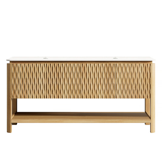 Exbrite 60'' Freestanding Cabinet with 4 Doors&Open Shelf, Carrara White Sintered Stone Top, NO Basin, NO Faucet and Drain, Woodgrain Color|SHARMA