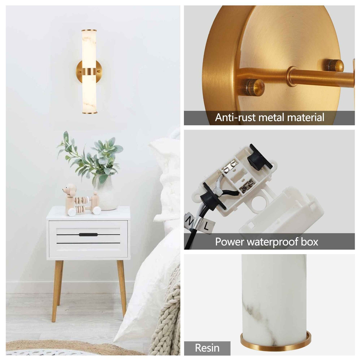 Exbrite Set of 2 Modern Marble-Effect Resin Wall Sconces with Gold Accents – Elegant LED-Compatible Vanity Lights for Bedroom, Living Room & Hallway(Only Inoor)