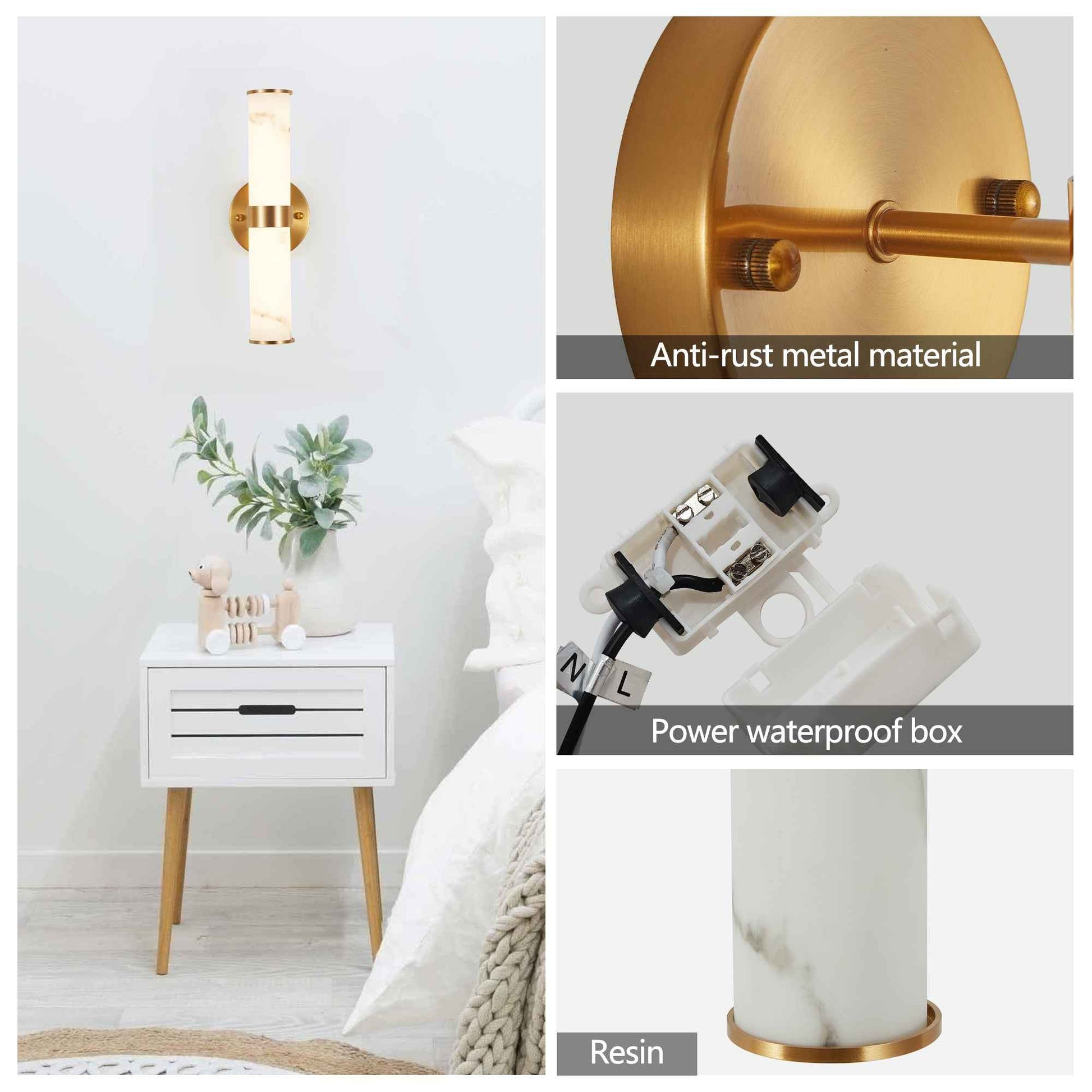 Exbrite Set of 2 Modern Marble-Effect Resin Wall Sconces with Gold Accents – Elegant LED-Compatible Vanity Lights for Bedroom, Living Room & Hallway(Only Inoor)