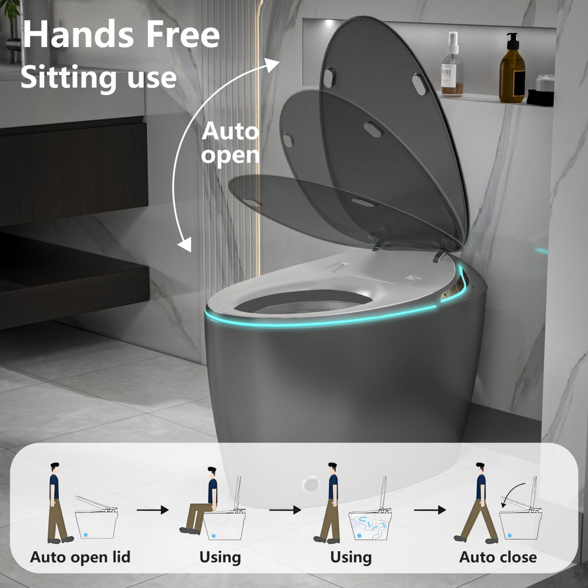 EP Exbrite Unique Smart Toilet with Bidet Built In, Intelligent One Piece Toilet For Modern Bathroom, Auto Open/Close Seat, Foot Sensor, LED Display,Night Light, Warm Water & Dryer,Grey