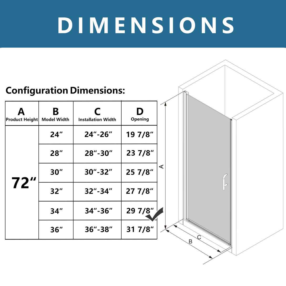 Classy 34-36" W x 72" H Hinged Pivot Semi-Frameless Shower Door Chrome Install Glass Shower Door