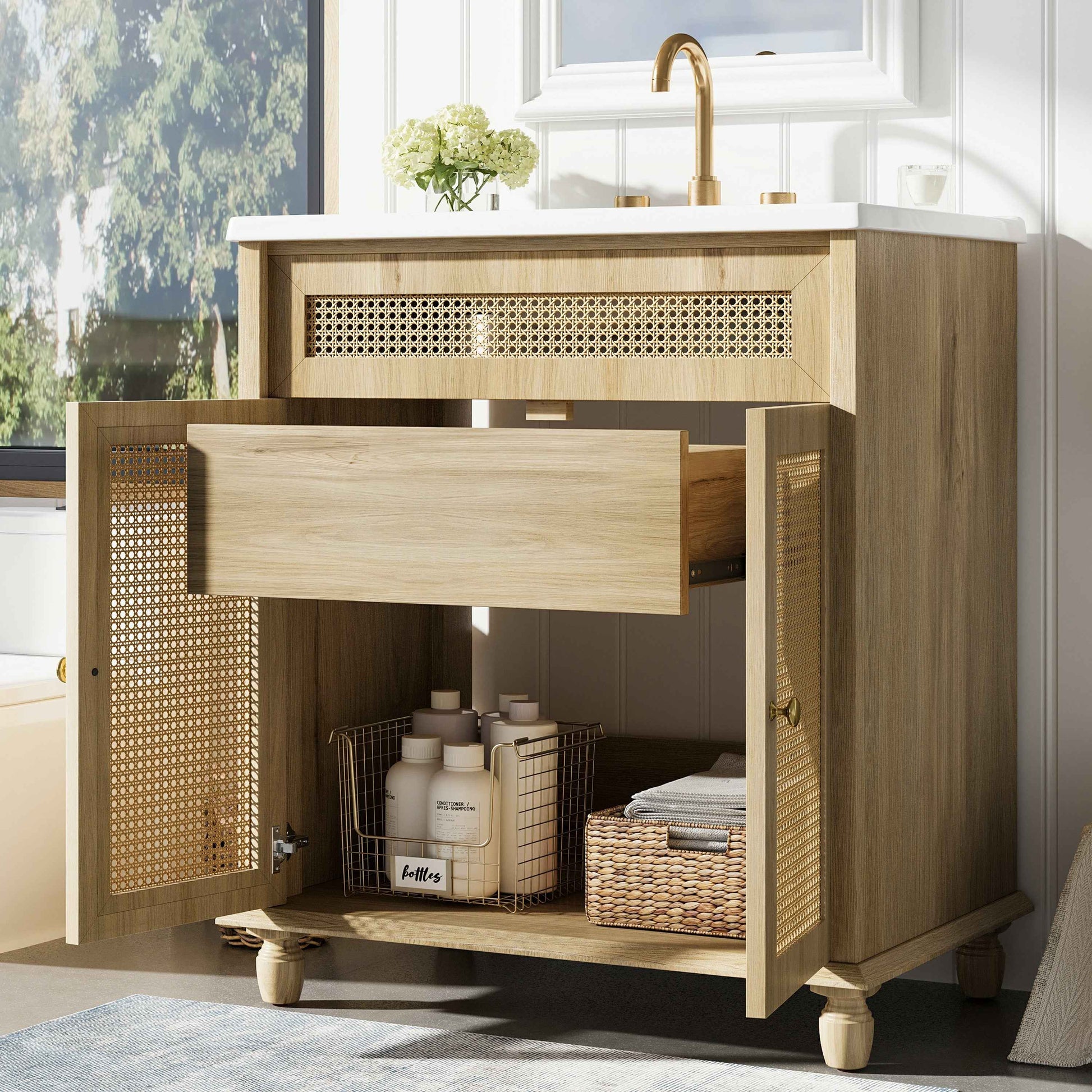 ExBrite 30" Bathroom Vanity with Resin Sink, Solid Wood Legs & Handwoven Rattan Doors for Modern Bathroom Storage