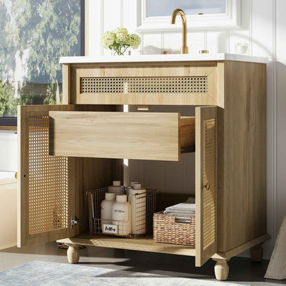 ExBrite 30" Bathroom Vanity with Resin Sink, Solid Wood Legs & Handwoven Rattan Doors for Modern Bathroom Storage