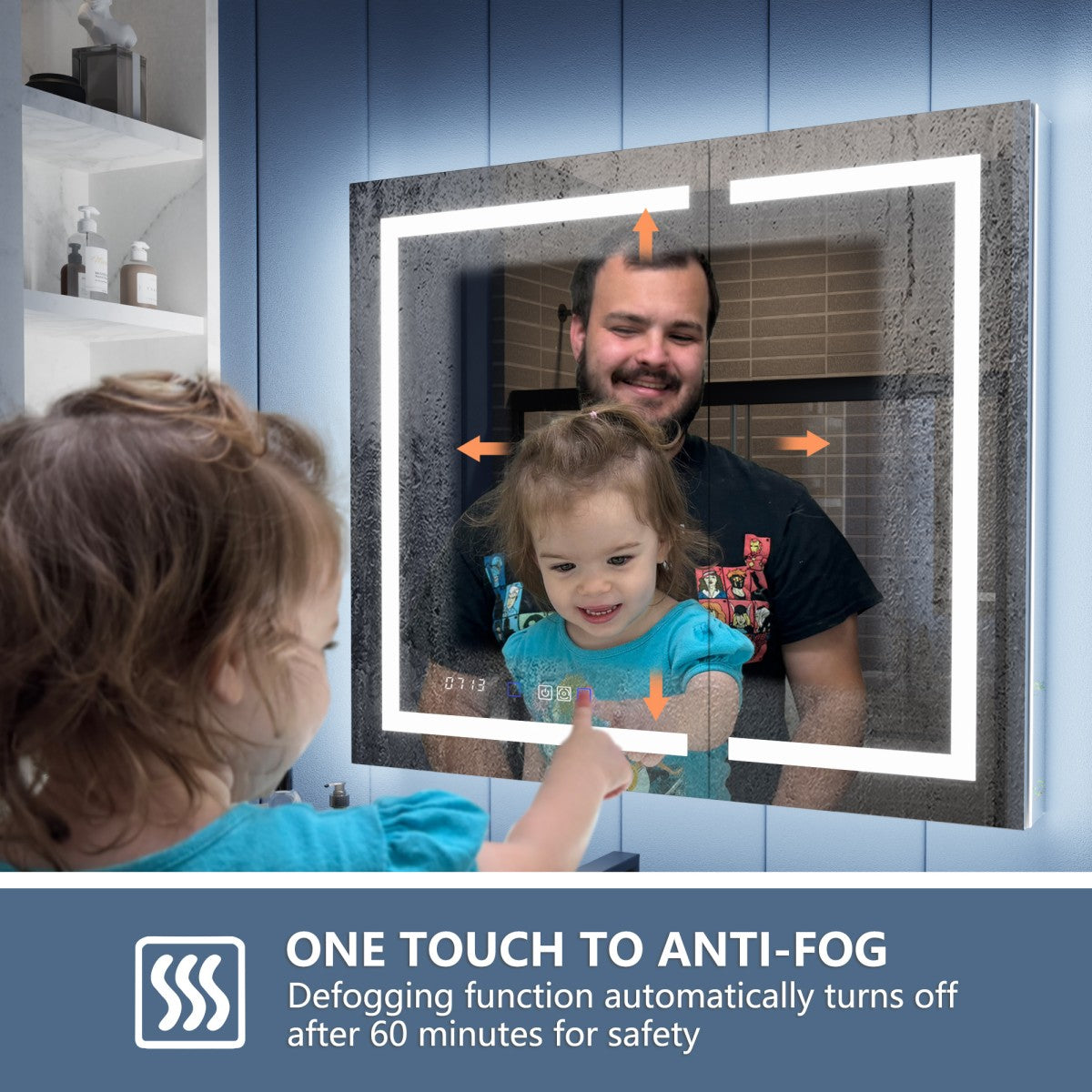 Person using an anti-fog mirror with a child, showing the defogging feature in action.
