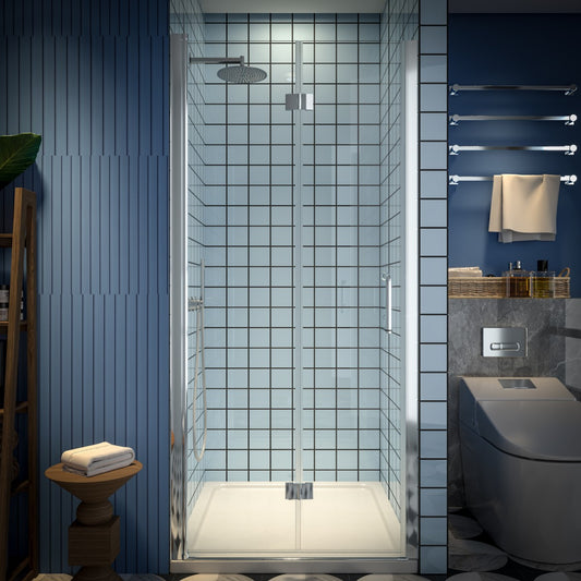 Exbrite Adapt Bifold Shower Door 34-36 in.W x 72 in.H Pivot Swing Shower Doors,Chrome,Clear Tempered Shower Glass