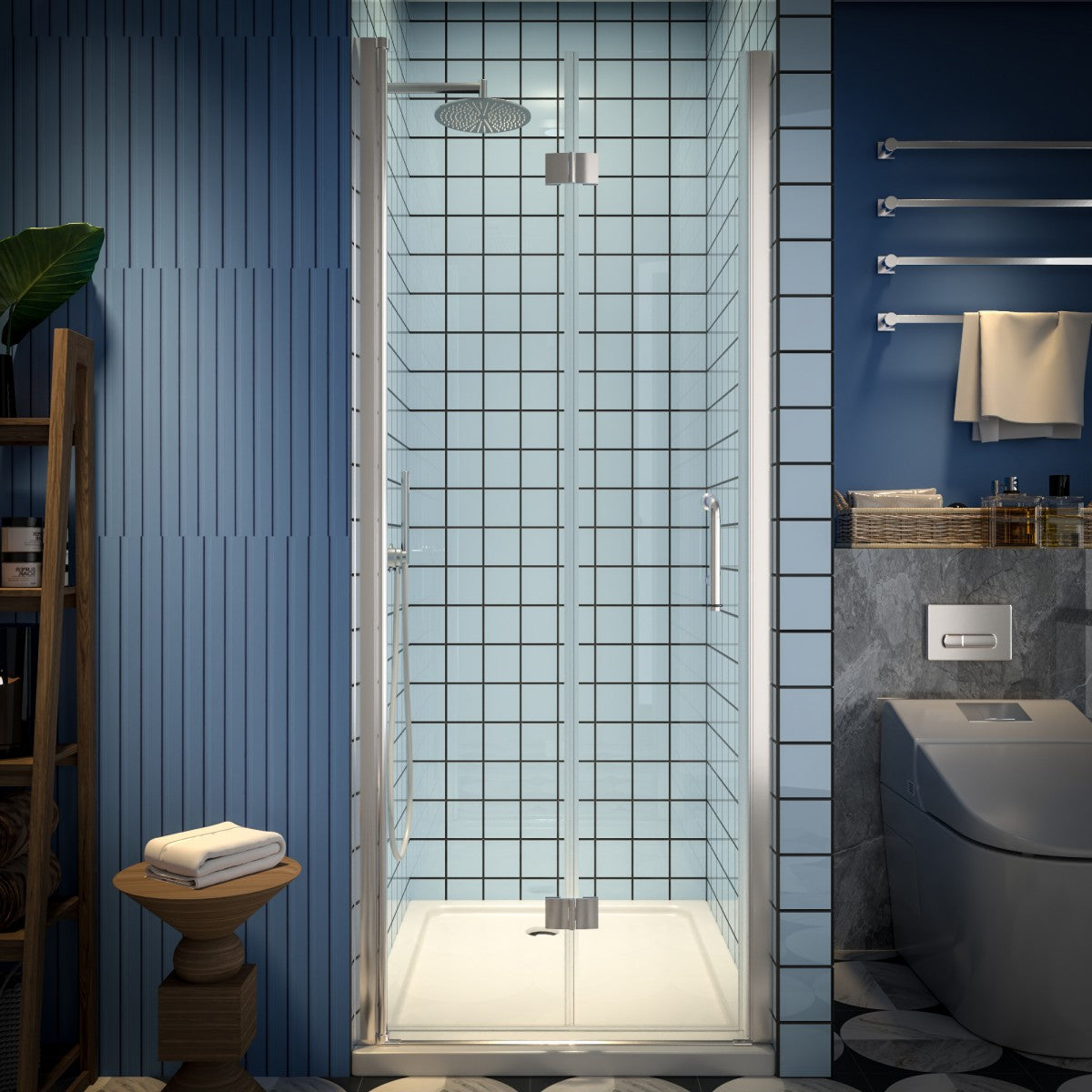 Exbrite Adapt Bifold Shower Door 30-32 in.W x 72 in.H Pivot Swing Shower Doors,Brushed Nickel,Tempered Glass
