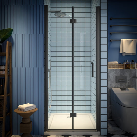 Exbrite Adapt Bifold Shower Door 32-34 in.W x 72 in.H Pivot Swing Shower Doors,Matte Black,Tempered Shower Glass