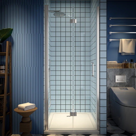 Exbrite Adapt Bifold Shower Door 32-34 in.W x 72 in.H Pivot Swing Shower Doors,Brushed Nickel,Tempered Glass