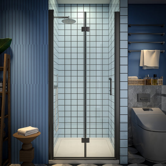 Exbrite Adapt Bifold Shower Door 34-36 in.W x 72 in.H Pivot Swing Shower Doors,Matte Black,Clear Tempered Glass