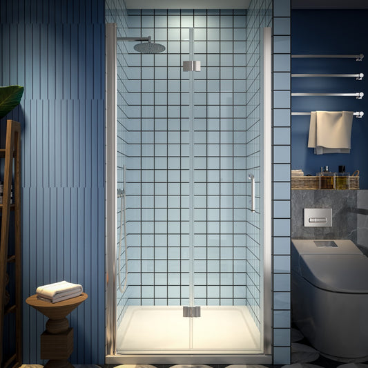 Exbrite Adapt Bifold Shower Door 36-38 in.W x 72 in.H Pivot Swing Shower Doors,Brushed Nickel,Clear Tempered Glass