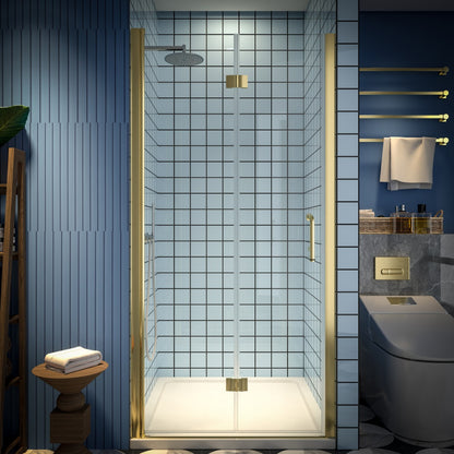 Exbrite Adapt Bifold Shower Door 36-38 in.W x 72 in.H Pivot Swing Shower Doors,Brushed Gold,Clear Tempered Glass - ExBriteUSA