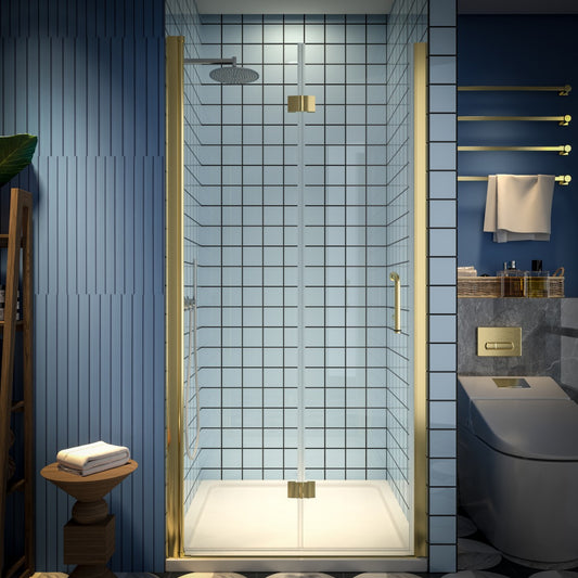 Exbrite Adapt Bifold Shower Door 36-38 in.W x 72 in.H Pivot Swing Shower Doors,Brushed Gold,Clear Tempered Glass