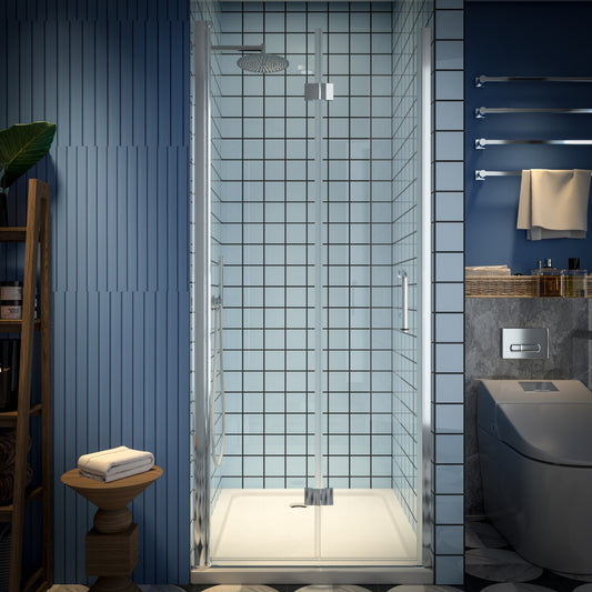 Exbrite Adapt Bifold Shower Door 32-34 in.W x 72 in.H Pivot Swing Shower Doors,Chrome,Clear Tempered Shower Glass