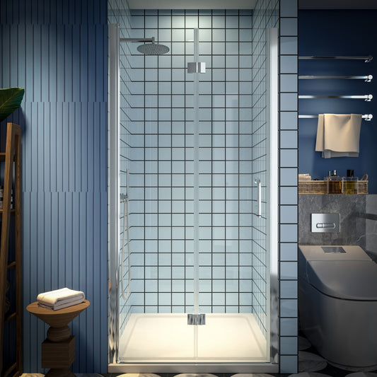 Exbrite Adapt Bifold Shower Door 36-38 in.W x 72 in.H Pivot Swing Shower Doors,Chrome,Clear Tempered Glass
