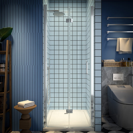 Exbrite Adapt Bifold Shower Door 30-32 in.W x 72 in.H Pivot Swing Shower Doors,Chrome,Clear Tempered Shower Glass