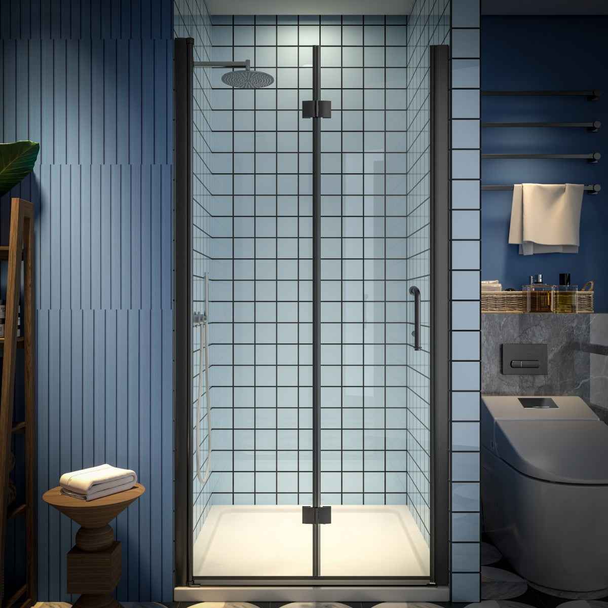 Exbrite Adapt Bifold Shower Door 36-38 in.W x 72 in.H Pivot Swing Shower Doors,Matte Black,Clear Tempered Glass