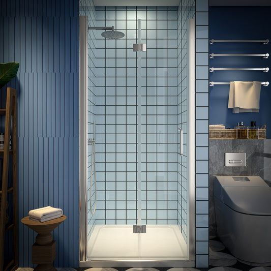 Exbrite Adapt Bifold Shower Door 34-36 in.W x 72 in.H Pivot Swing Shower Doors,Brushed Nickel,Clear Tempered Glass