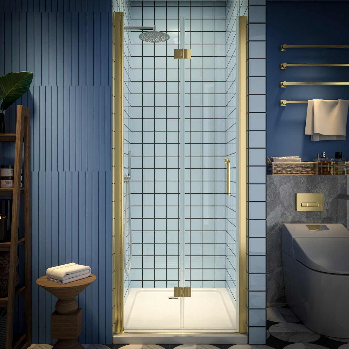 Exbrite Adapt Bifold Shower Door 30-32 in.W x 72 in.H Pivot Swing Shower Doors,Brushed Gold,Tempered Shower Glass