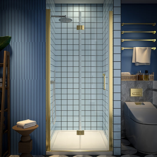 Exbrite Adapt Bifold Shower Door 34-36 in.W x 72 in.H Pivot Swing Shower Doors,Brushed Gold,Clear Tempered Glass