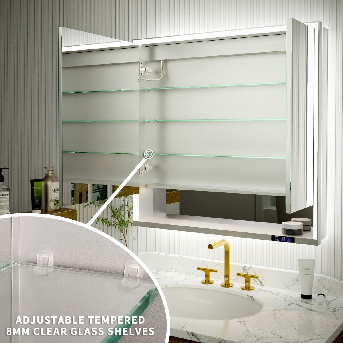 Ample 36" W x 36" H LED Lighted Chrome Medicine Cabinet with Mirror and Shelves for Bathroom Recessed or Surface Mount