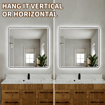 Lumina 36" W x 36" H LED Lighted Bathroom Mirror,High Illuminate, Inner & Outer Lighting,Anti-Fog, Dimmable,Black Frame with Rounded Corners