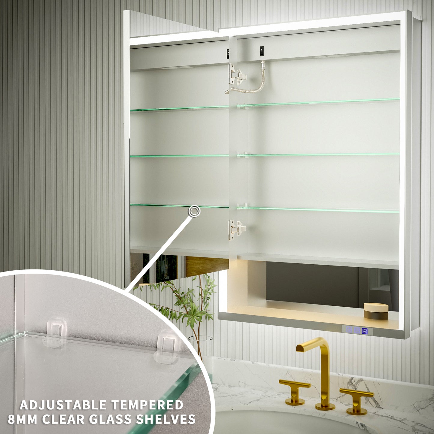 Ample 24" W x 36" H LED Lighted Chrome Medicine Cabinet with Mirror and Shelves for Bathroom Recessed or Surface Mount