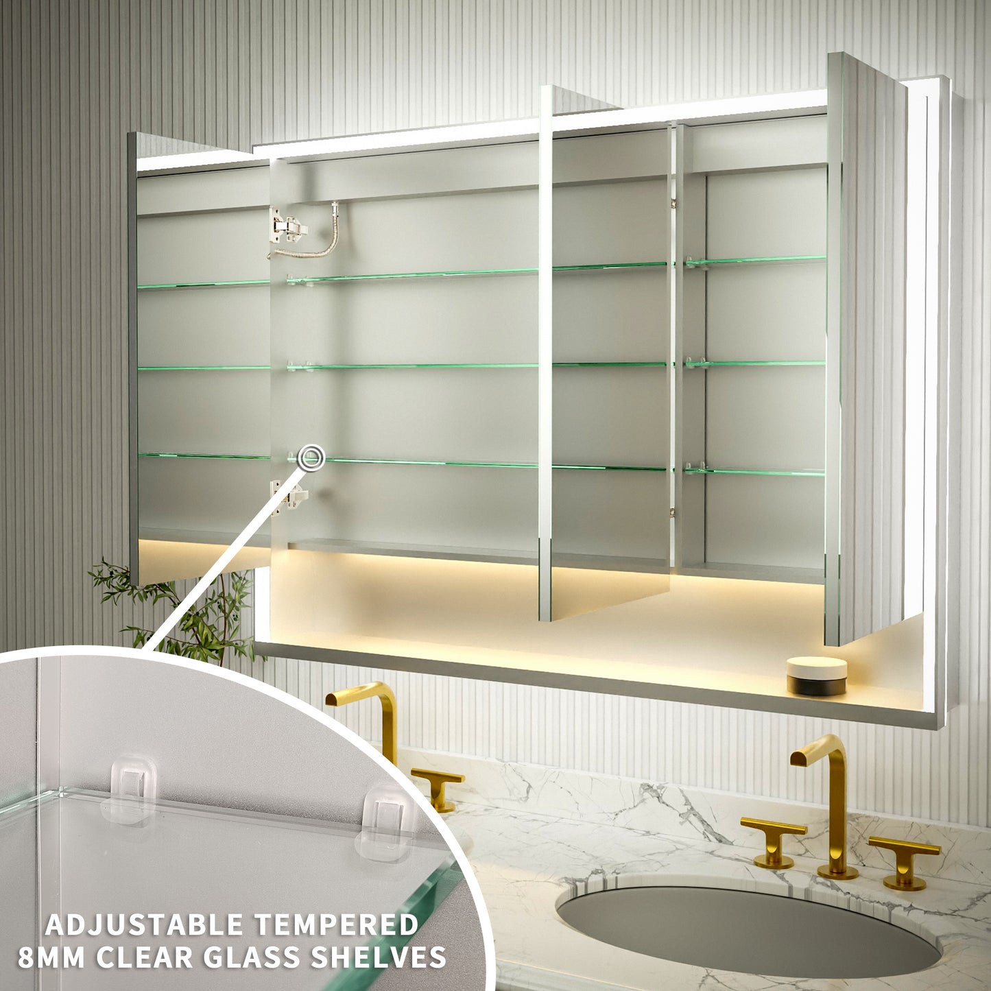 Ample 48" W x 36" H LED Lighted Chrome Medicine Cabinet with Mirror and Shelves for Bathroom Recessed or Surface Mount