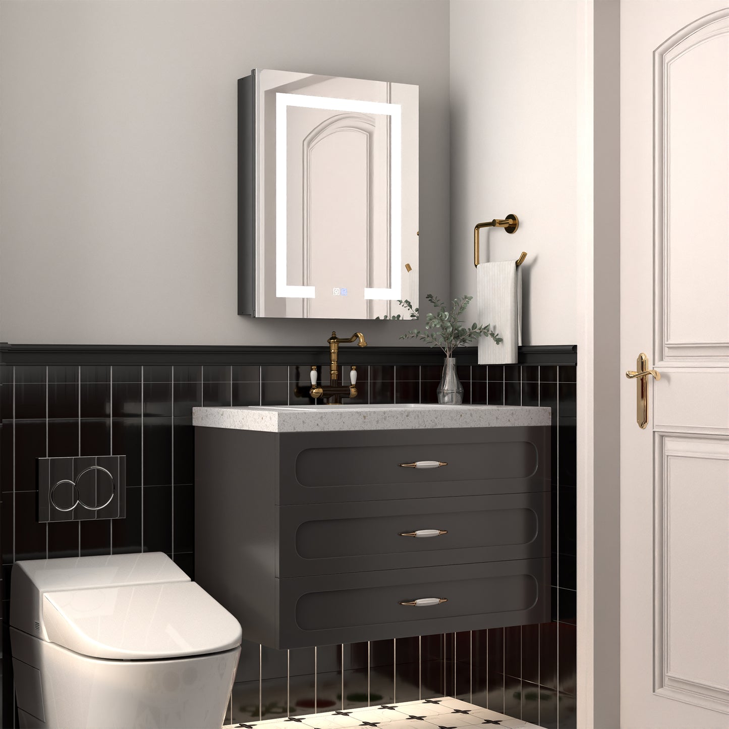 ExBrite 20"W x 26"H LED Medicine Cabinet with Matte Black Finish, Adjustable Shelves, Anti-Fog, USB Ports, Recessed or Surface Mount, Hinge on Left - ExBriteUSA