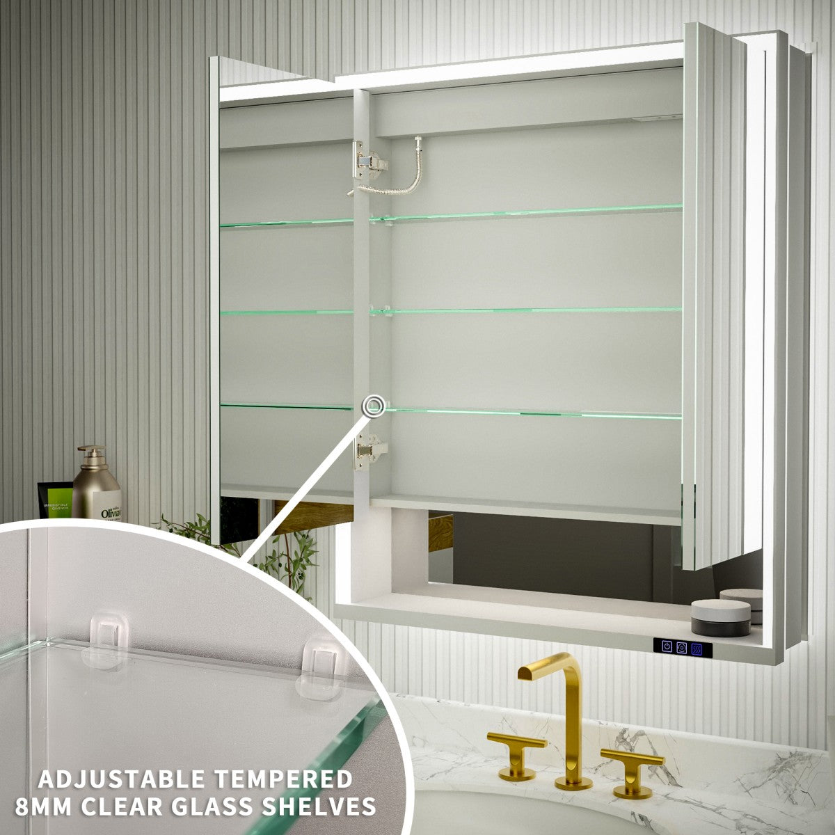 Ample 30" W x 36" H Contemporary Medicine Cabinet with LED Light, Mirror, and Shelves for Bathroom Recessed or Surface Mount