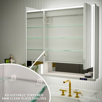 Ample 30" W x 36" H Contemporary Medicine Cabinet with LED Light, Mirror, and Shelves for Bathroom Recessed or Surface Mount