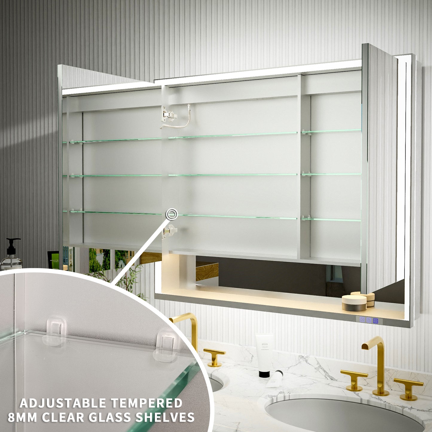 Ample 42" W x 36" H LED Lighted Chrome Medicine Cabinet with Mirror and Shelves for Bathroom Recessed or Surface Mount