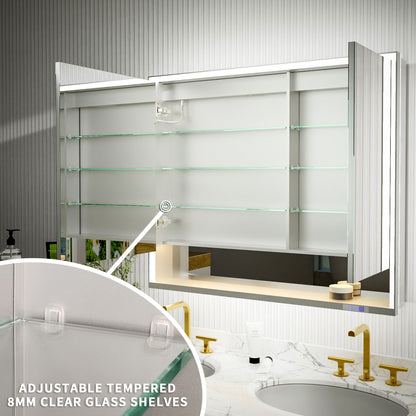 Ample 42" W x 36" H LED Lighted Chrome Medicine Cabinet with Mirror and Shelves for Bathroom Recessed or Surface Mount