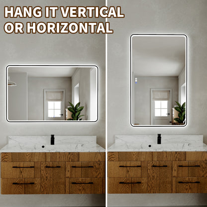 Lumina 48" W x 30" H LED Lighted Bathroom Mirror,High Illuminate, Inner & Outer Lighting,Anti-Fog, Dimmable,Black Frame with Rounded Corners