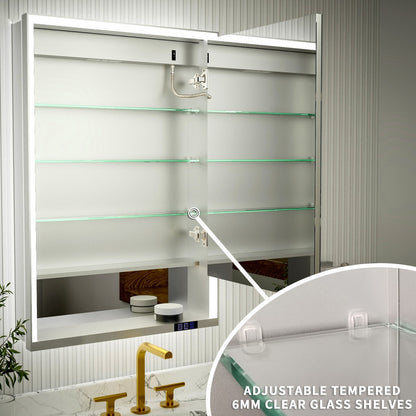 Ample 24" W x 36" H LED Lighted Chrome Bathroom Medicine Cabinet with Mirror and Shelves, Right Hinge for Recessed or Surface Mount